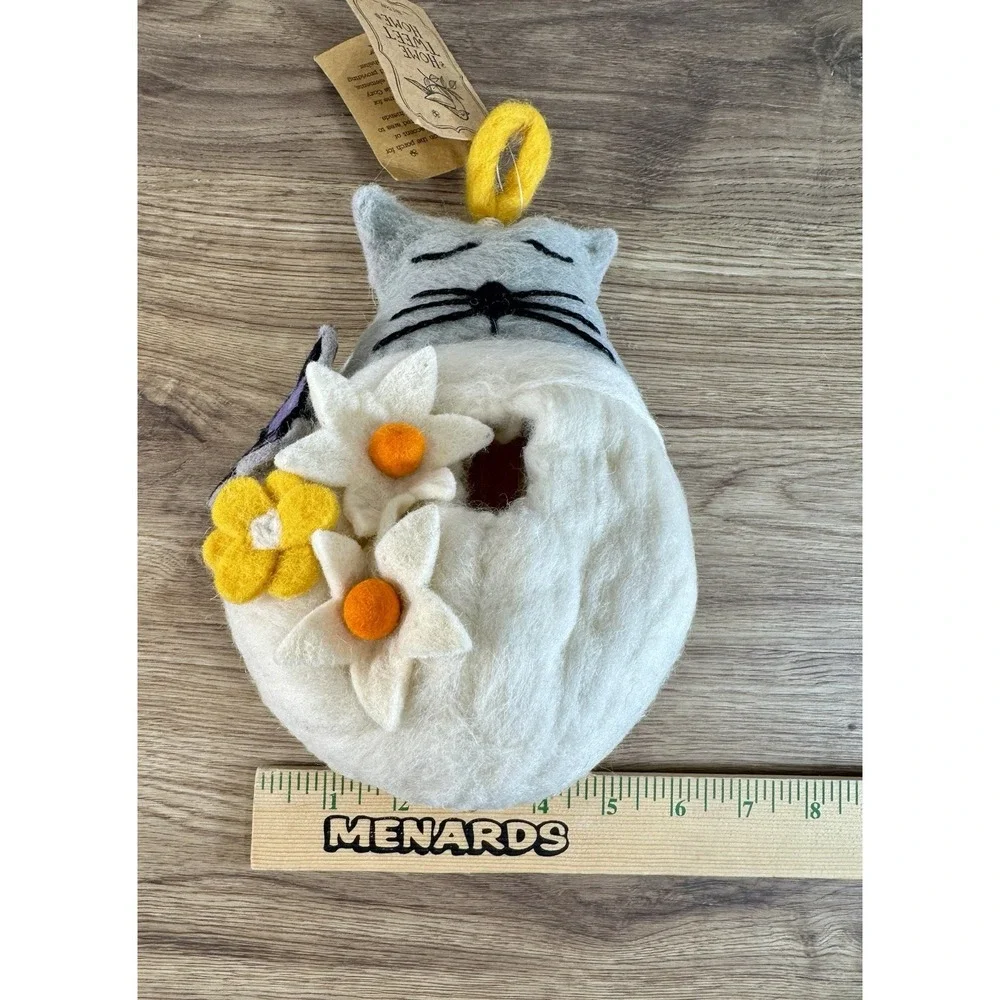 Felted Wool Birdhouse Cat Lover Gift Butterfly Bird Cozy Handmade Indoor Outdoor